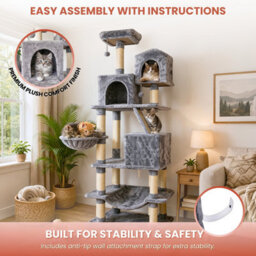 Marco Paul 206Cm Extra Tall Cat Tree Tower Multi-Level Cat Condo With Scratching Posts, Hammocks, Caves & House Grey - thumbnail 8