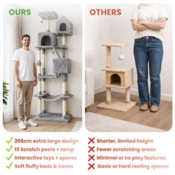 Marco Paul 206Cm Extra Tall Cat Tree Tower Multi-Level Cat Condo With Scratching Posts, Hammocks, Caves & House Grey - thumbnail 9