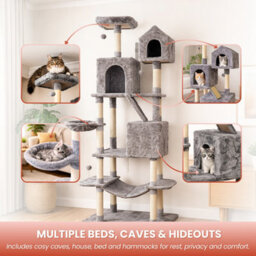 Marco Paul 206Cm Extra Tall Cat Tree Tower Multi-Level Cat Condo With Scratching Posts, Hammocks, Caves & House Grey - thumbnail 6