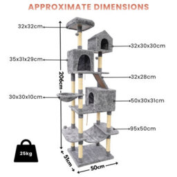 Marco Paul 206Cm Extra Tall Cat Tree Tower Multi-Level Cat Condo With Scratching Posts, Hammocks, Caves & House Grey - thumbnail 2