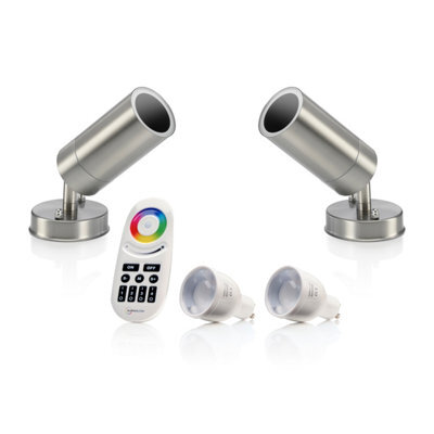 Auraglow Stainless Steel Outdoor Gu10 Wall Spotlight - Rf Colour Changing - 2 Pack - image 1
