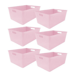 Simpa 6Pc 11L Pastel Pink Plastic Storage Basket Studio Organiser Trays With Handles - thumbnail 1