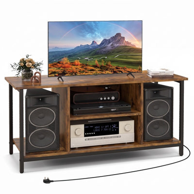 Costway Tv Stand With Power Outlet Usb & Type-C Port 3-Tier Tv Console Table With Open Storage & Adjustable Shelf Brown - image 1