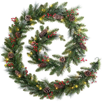Werchristmas Pre-Lit Frosted Artificial Christmas Garland 9 Ft With Pinecones And Berries, 60 Warm White Leds - image 1