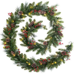Werchristmas Pre-Lit Frosted Artificial Christmas Garland 9 Ft With Pinecones And Berries, 60 Warm White Leds - thumbnail 1