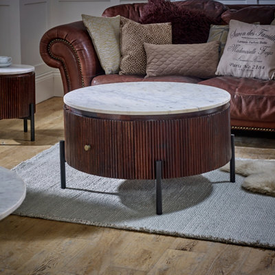 Ancient Mango Wood Round Fluted Coffee Table With Marble Top & Metal Legs - image 1