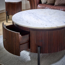 Ancient Mango Wood Round Fluted Coffee Table With Marble Top & Metal Legs - thumbnail 4