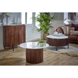 Ancient Mango Wood Round Fluted Coffee Table With Marble Top & Metal Legs - thumbnail 6