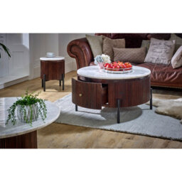 Ancient Mango Wood Round Fluted Coffee Table With Marble Top & Metal Legs - thumbnail 3