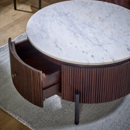 Ancient Mango Wood Round Fluted Coffee Table With Marble Top & Metal Legs - thumbnail 5