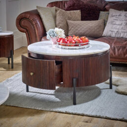 Ancient Mango Wood Round Fluted Coffee Table With Marble Top & Metal Legs - thumbnail 2