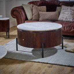 Ancient Mango Wood Round Fluted Coffee Table With Marble Top & Metal Legs - thumbnail 1