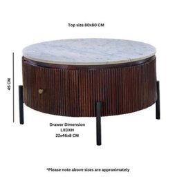 Ancient Mango Wood Round Fluted Coffee Table With Marble Top & Metal Legs - thumbnail 8