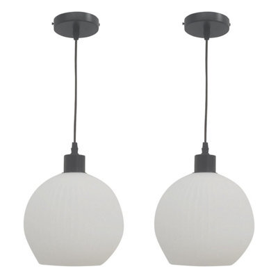 First Choice Lighting Set Of 2 Betchley - White Ribbed Glass Globe With Black Pendants - image 1