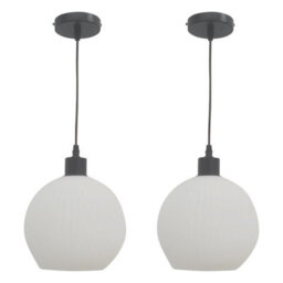 First Choice Lighting Set Of 2 Betchley - White Ribbed Glass Globe With Black Pendants