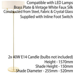 1.5M Twin Floor Lamp Brass & White Shade 2 Bulb Standing Living Room Light Base - thumbnail 2