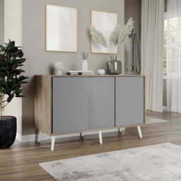 Urbn-Living Urbnliving 3-Door Sliding Cabinet Sideboard Oak Carcass With Grey Doors Storage Organiser Home Cupboard White Wooden Legs - thumbnail 3