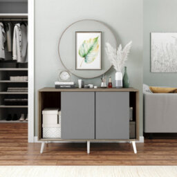 Urbn-Living Urbnliving 3-Door Sliding Cabinet Sideboard Oak Carcass With Grey Doors Storage Organiser Home Cupboard White Wooden Legs - thumbnail 4