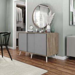Urbn-Living Urbnliving 3-Door Sliding Cabinet Sideboard Oak Carcass With Grey Doors Storage Organiser Home Cupboard White Wooden Legs - thumbnail 2