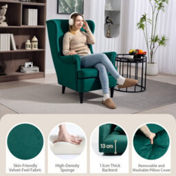 Green Modern Accent Chair, Upholstered Wingback Armchair With Wood Legs - thumbnail 4