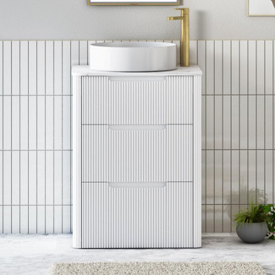 Royal Bathrooms Avenza 600mm Matt White Floor Standing Countertop Bathroom Vanity Unit 3 Drawer With Art Round Basin - image 1