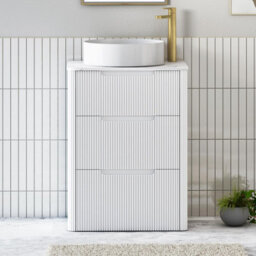 Royal Bathrooms Avenza 600mm Matt White Floor Standing Countertop Bathroom Vanity Unit 3 Drawer With Art Round Basin - thumbnail 1