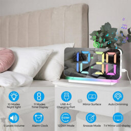 Rgb Digital Alarm Clock Led Mirror Display, Usb Charging, Auto Dimming, 11 Colours Bedside Desk Clock - thumbnail 2