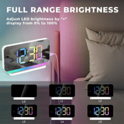 Rgb Digital Alarm Clock Led Mirror Display, Usb Charging, Auto Dimming, 11 Colours Bedside Desk Clock - thumbnail 4