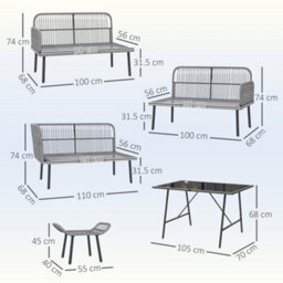 Outsunny Sectional Outdoor Furniture With Glass Top Table, Charcoal Grey - thumbnail 3