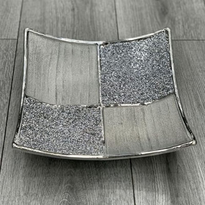 Biznest Ceramic Diamond Fruit Bowl Tray Romany Wide Crushed Bling Centrepiece (Silver)