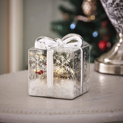 Decorative Present Led Decoration - Clear Festive Christmas Light Up Gift Box Ornament With Silver Ribbon & Bow - 10 X 12 X 12Cm