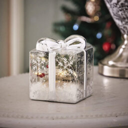 Decorative Present Led Decoration - Clear Festive Christmas Light Up Gift Box Ornament With Silver Ribbon & Bow - 10 X 12 X 12Cm - thumbnail 1