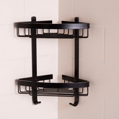 Croydex Bathroom Aluminium Matt Black Corner 2 Tier Shower Caddy Easy Clean Wire - image 1