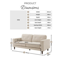Furniturebox Uk Jasper Cream Linen-Look Fabric 3 Seater Sofa - thumbnail 2