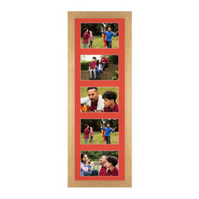 AK Frames 26X8 Oak Sleek Multi Photo Frame With Poppy Red Mount - Holds 5 Apertures (5X) 6X4 Photos - image 1
