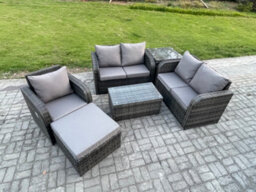 Fimous High Back Rattan Garden Furniture Set With Loveseat Sofa Rectangular Coffee Table Big Footstool Side Table Indoor Outdoor - thumbnail 2