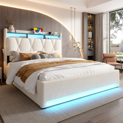 Btm 135X190Cm Upholstered Bed, Led Lighting, Usb/type-C, Storage Headboard, Hydraulic Storage, Beige (No Mattress) - image 1