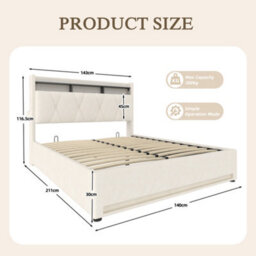 Btm 135X190Cm Upholstered Bed, Led Lighting, Usb/type-C, Storage Headboard, Hydraulic Storage, Beige (No Mattress) - thumbnail 2