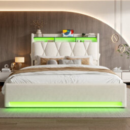 Btm 135X190Cm Upholstered Bed, Led Lighting, Usb/type-C, Storage Headboard, Hydraulic Storage, Beige (No Mattress) - thumbnail 3