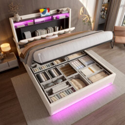 Btm 135X190Cm Upholstered Bed, Led Lighting, Usb/type-C, Storage Headboard, Hydraulic Storage, Beige (No Mattress) - thumbnail 6