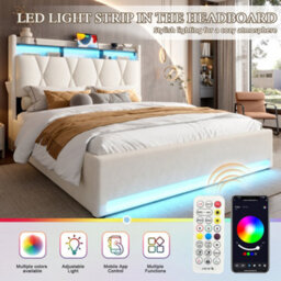 Btm 135X190Cm Upholstered Bed, Led Lighting, Usb/type-C, Storage Headboard, Hydraulic Storage, Beige (No Mattress) - thumbnail 5