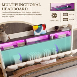 Btm 135X190Cm Upholstered Bed, Led Lighting, Usb/type-C, Storage Headboard, Hydraulic Storage, Beige (No Mattress) - thumbnail 7