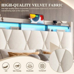 Btm 135X190Cm Upholstered Bed, Led Lighting, Usb/type-C, Storage Headboard, Hydraulic Storage, Beige (No Mattress) - thumbnail 9