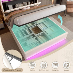 Btm 135X190Cm Upholstered Bed, Led Lighting, Usb/type-C, Storage Headboard, Hydraulic Storage, Beige (No Mattress) - thumbnail 4