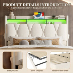 Btm 135X190Cm Upholstered Bed, Led Lighting, Usb/type-C, Storage Headboard, Hydraulic Storage, Beige (No Mattress) - thumbnail 8
