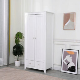 Furniturehmd Wooden 2 Door 2 Drawer Wardrobe With Hanger White Home Clothing Storage Cabinet Bedroom Furniture - thumbnail 2
