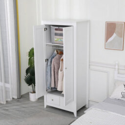 Furniturehmd Wooden 2 Door 2 Drawer Wardrobe With Hanger White Home Clothing Storage Cabinet Bedroom Furniture - thumbnail 4
