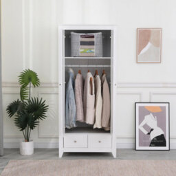 Furniturehmd Wooden 2 Door 2 Drawer Wardrobe With Hanger White Home Clothing Storage Cabinet Bedroom Furniture - thumbnail 3