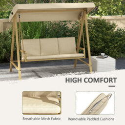 Outsunny 3 Seater Garden Swing Chair With Adjustable Canopy And Cushions, Beige - thumbnail 5