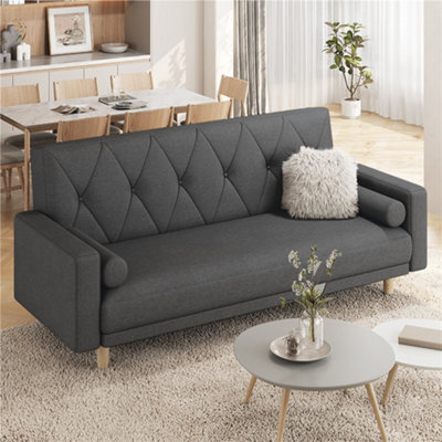 Yaheetech Black Button-Tufted Fabric 3-Seater Convertible Sofa Bed With 2 Bolster Pillows - image 1